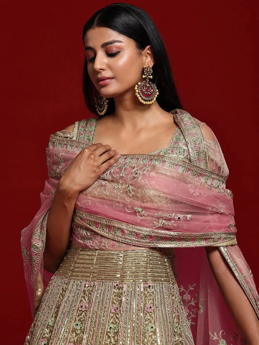  Libas Art Beige Embellished Nylon Gown With Dupatta 
