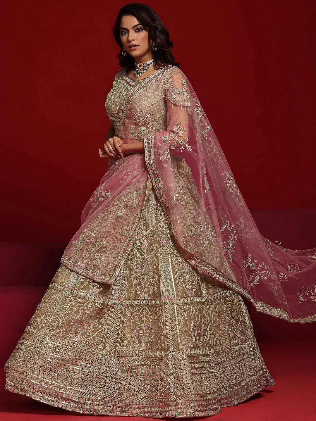 Libas Art Beige Embellished Net Lehenga Set