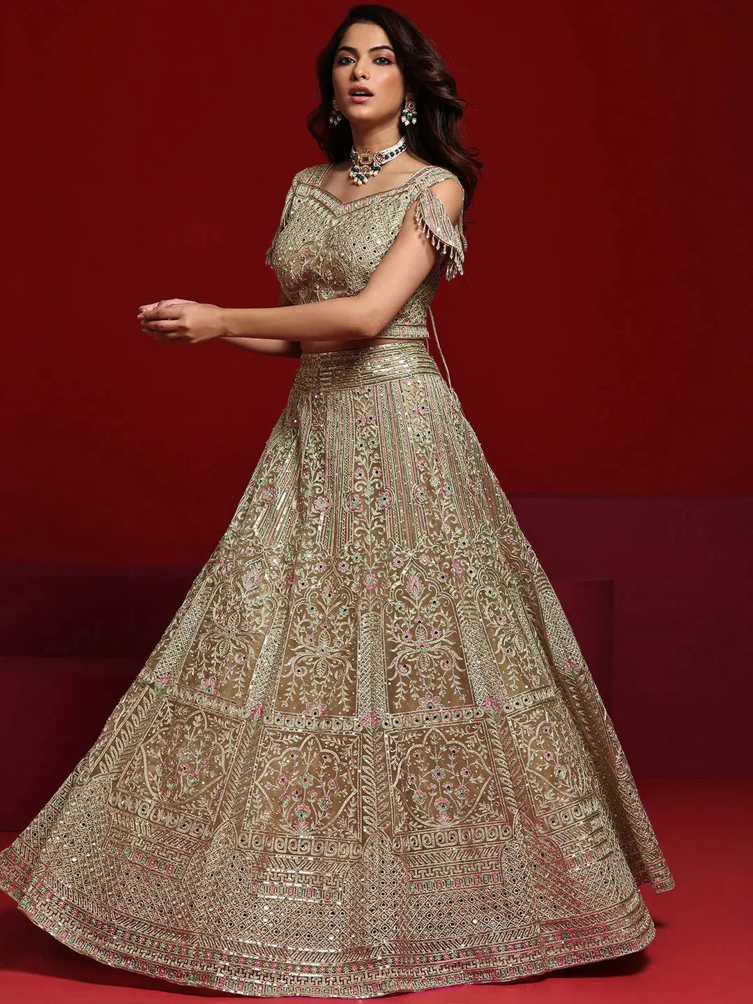  Libas Art Beige Embellished Net Lehenga Set 