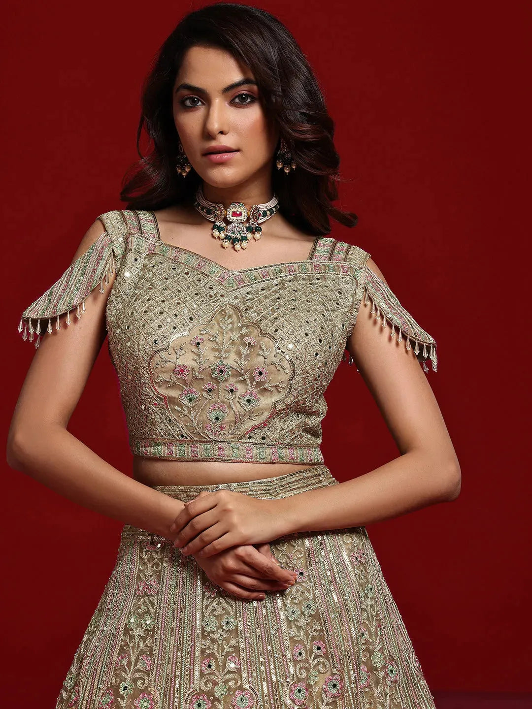  Libas Art Beige Embellished Net Lehenga Set 