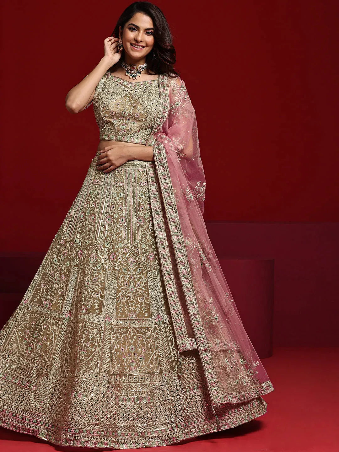  Libas Art Beige Embellished Net Lehenga Set 