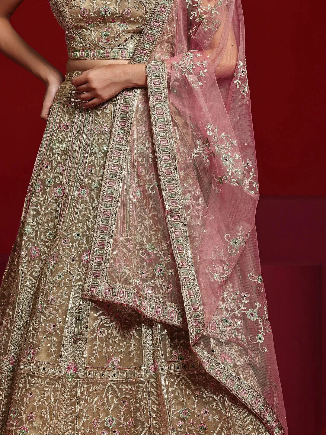  Libas Art Beige Embellished Net Lehenga Set 