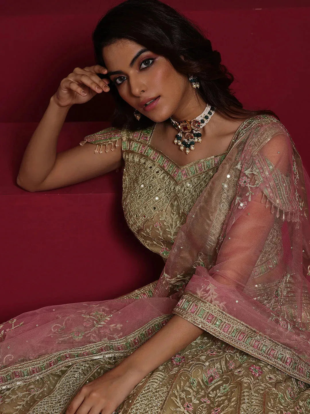  Libas Art Beige Embellished Net Lehenga Set 