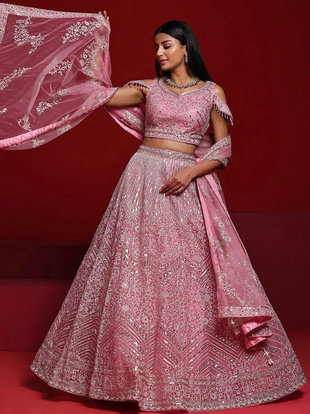 Libas Art Pink Embellished Net Lehenga Set 