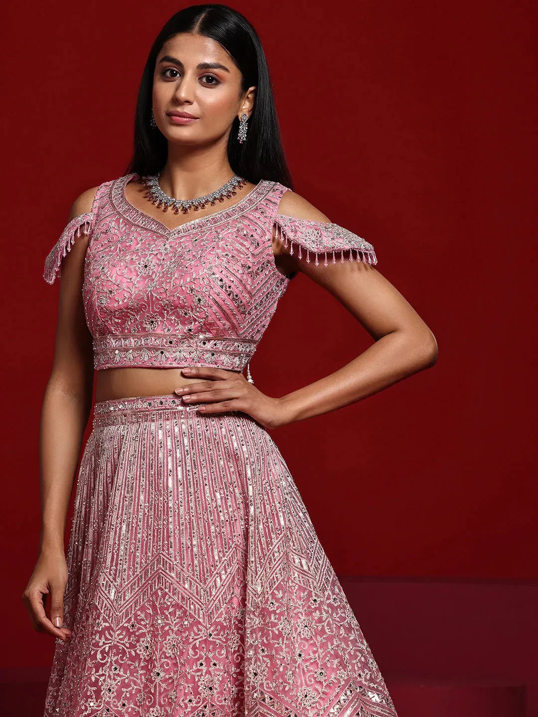  Libas Art Pink Embellished Net Lehenga Set 