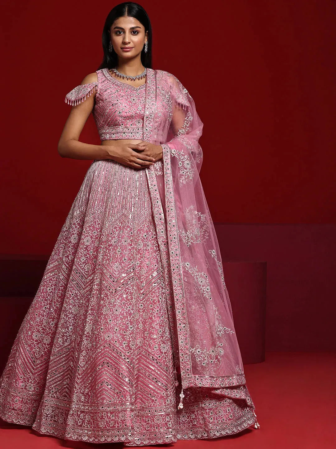  Libas Art Pink Embellished Net Lehenga Set 