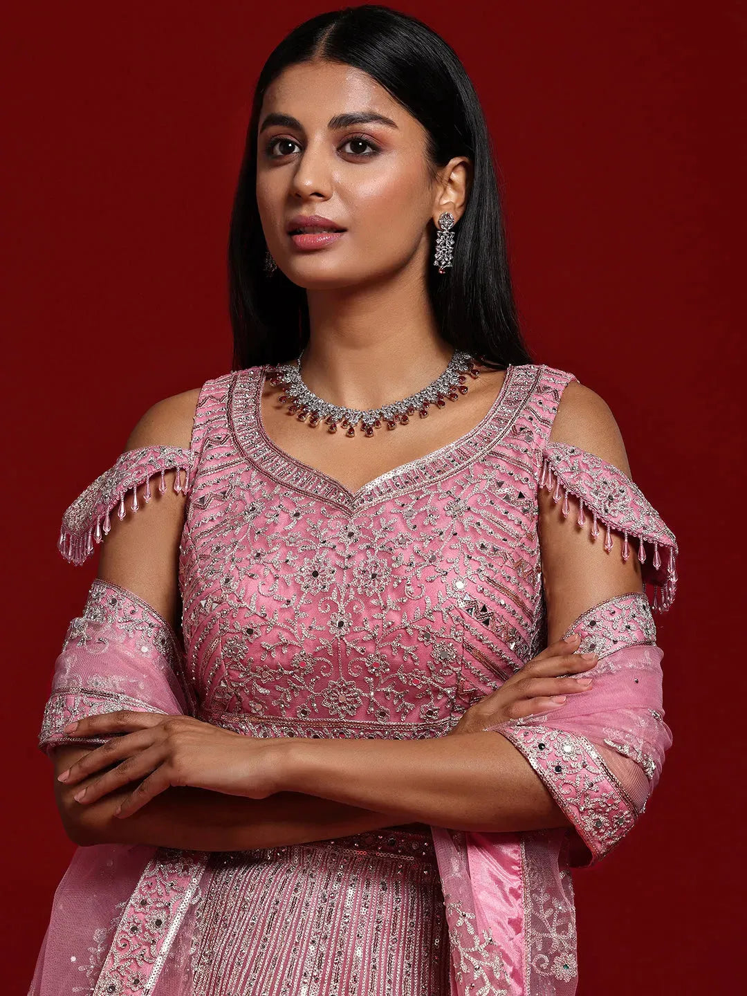  Libas Art Pink Embellished Net Lehenga Set 