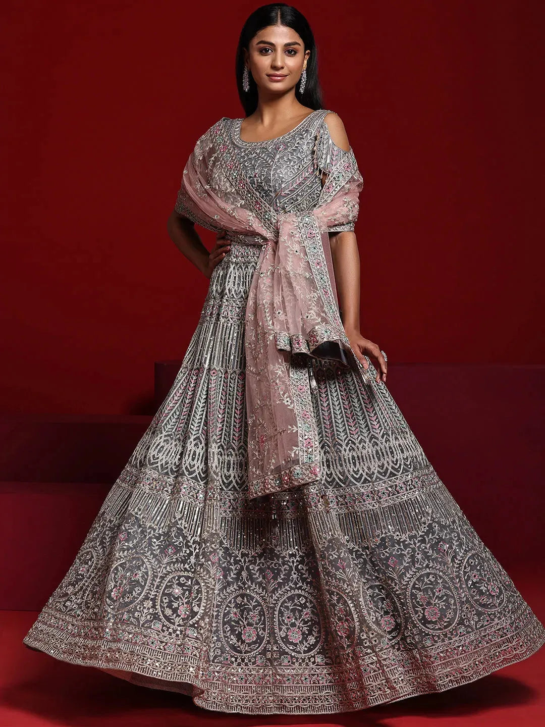  Libas Art Grey Embellished Nylon Gown With Dupatta 
