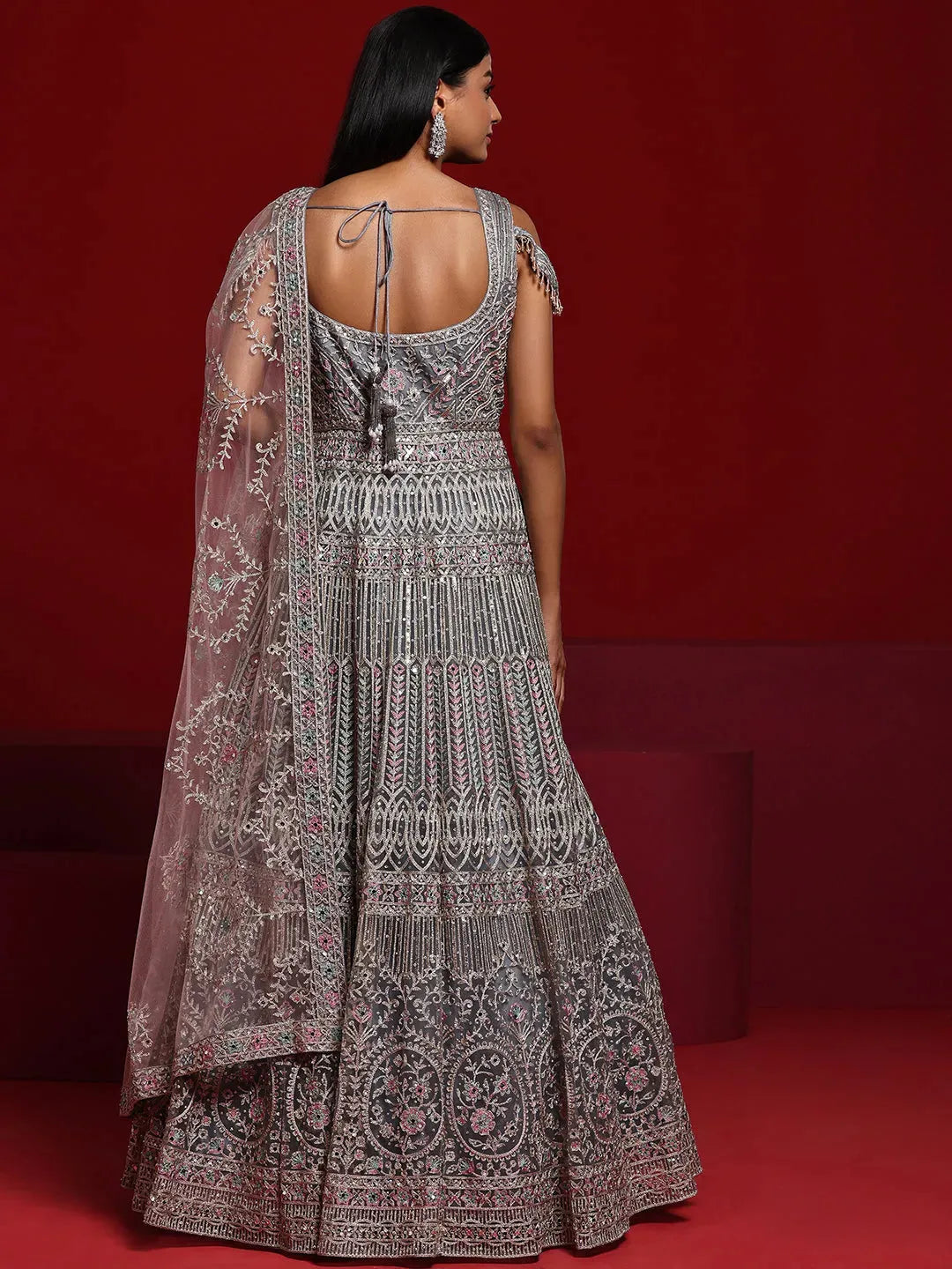  Libas Art Grey Embellished Nylon Gown With Dupatta 