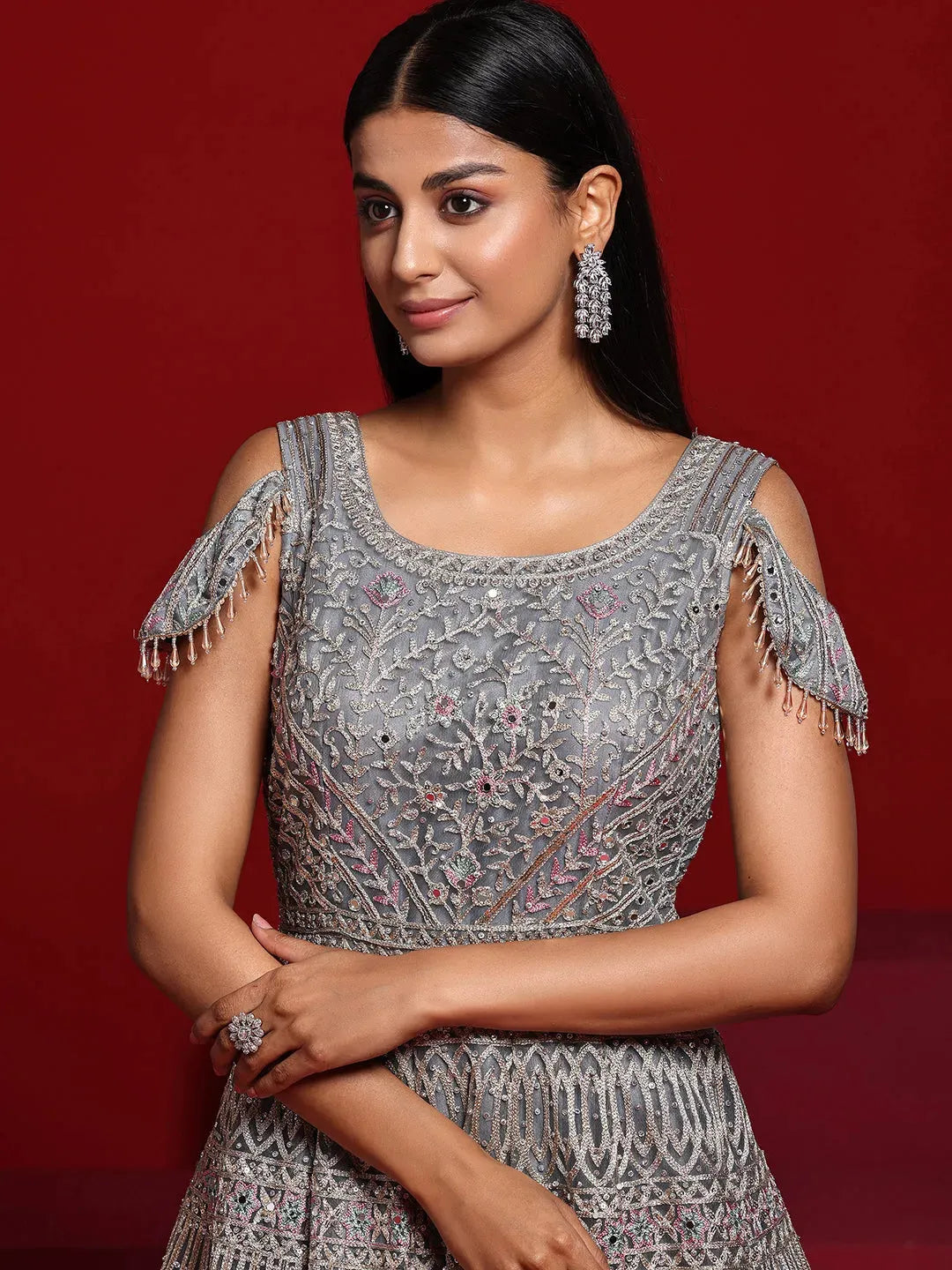  Libas Art Grey Embellished Nylon Gown With Dupatta 