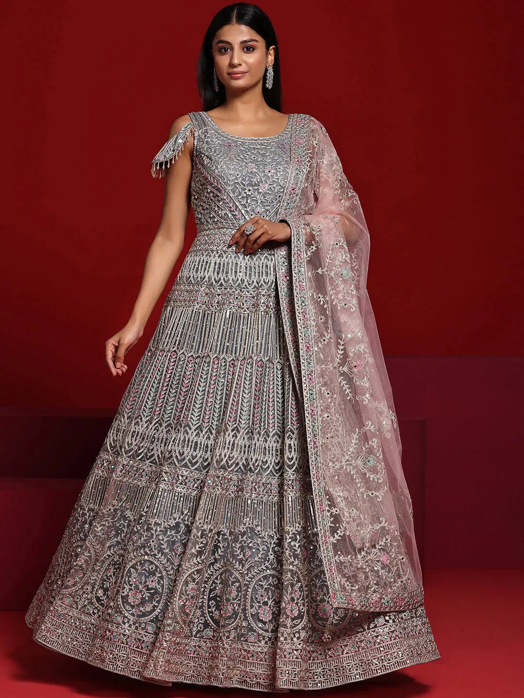  Libas Art Grey Embellished Nylon Gown With Dupatta 