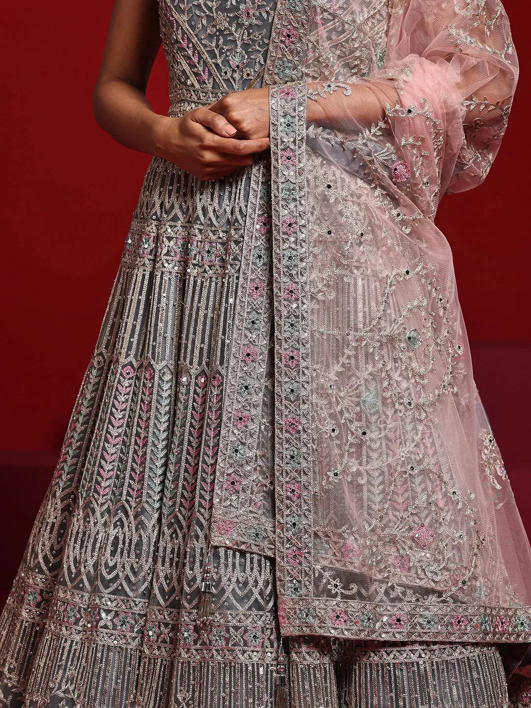  Libas Art Grey Embellished Nylon Gown With Dupatta 