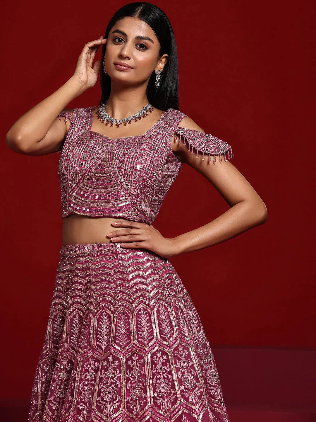 Libas Art Pink Embellished Net Lehenga Set 