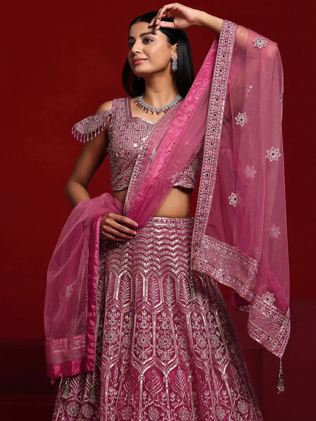  Libas Art Pink Embellished Net Lehenga Set 