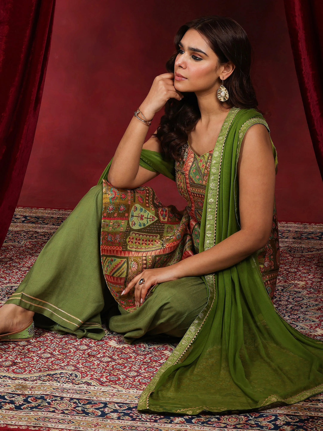  Libas Art Green Woven Design Silk Blend Straight Sharara Suit Set With Dupatta 