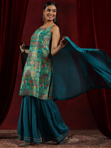 Blue Woven Design Silk Blend Straight Suit With Dupatta