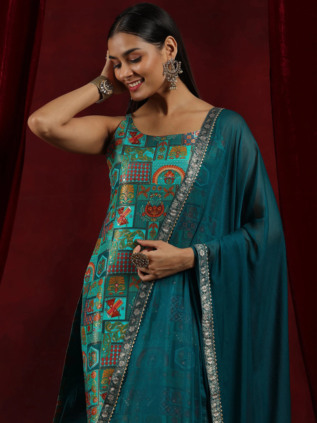  Libas Art Blue Woven Design Silk Blend Straight Suit With Dupatta 