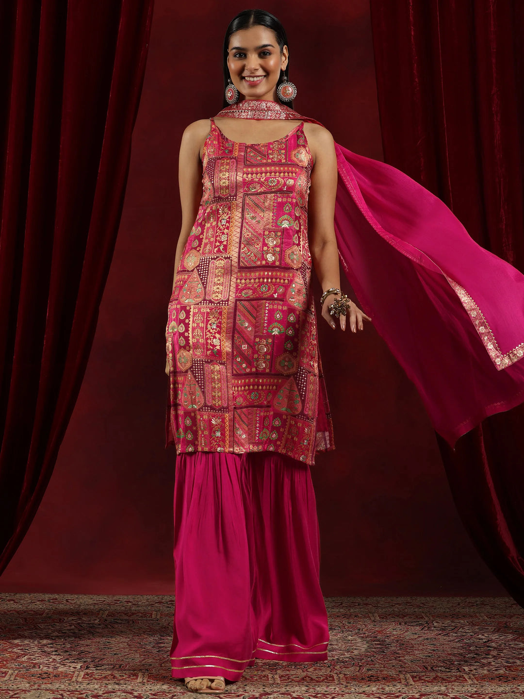  Libas Art Pink Woven Design Silk Blend Straight Suit With Dupatta 