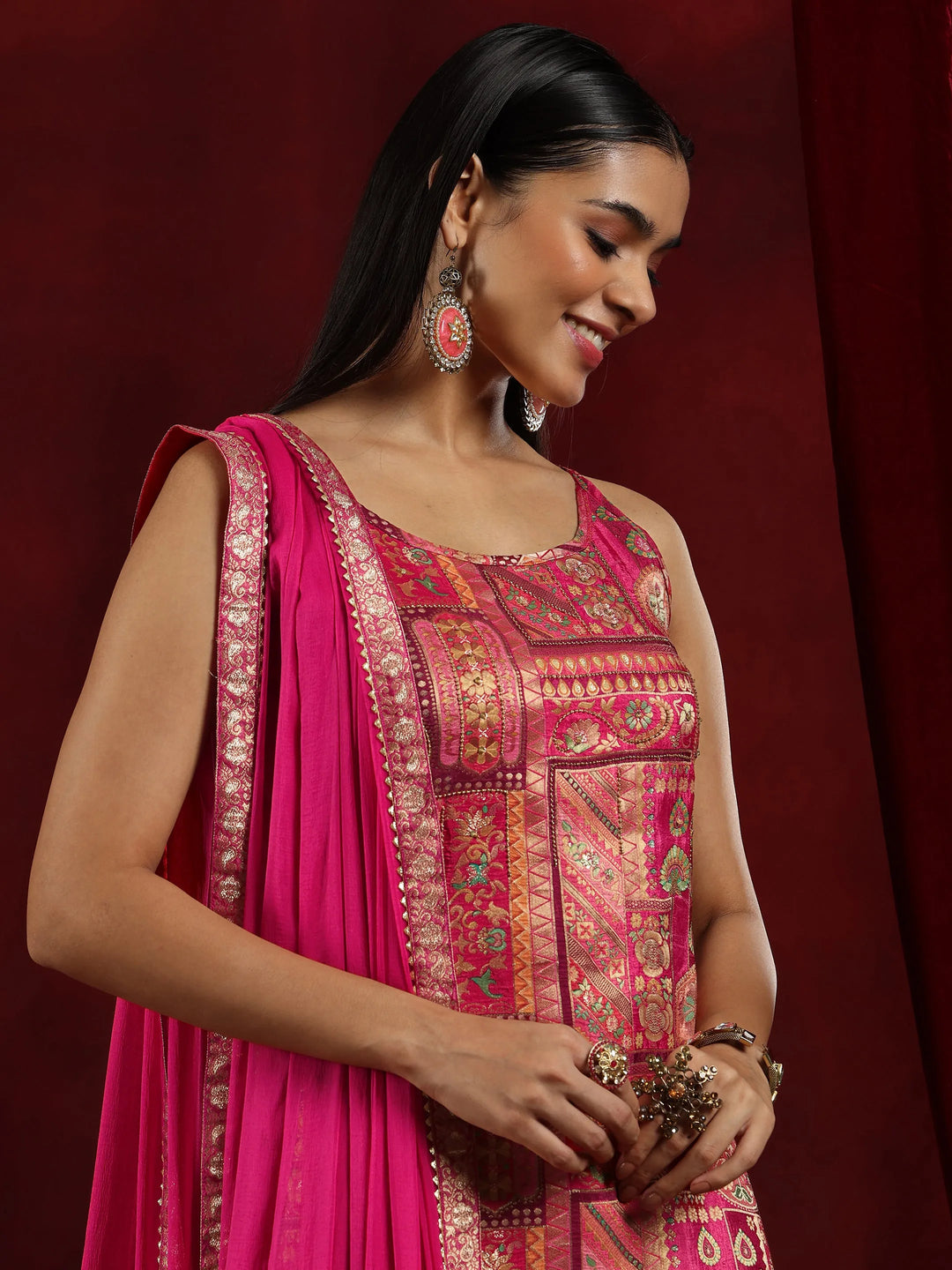  Libas Art Pink Woven Design Silk Blend Straight Suit With Dupatta 