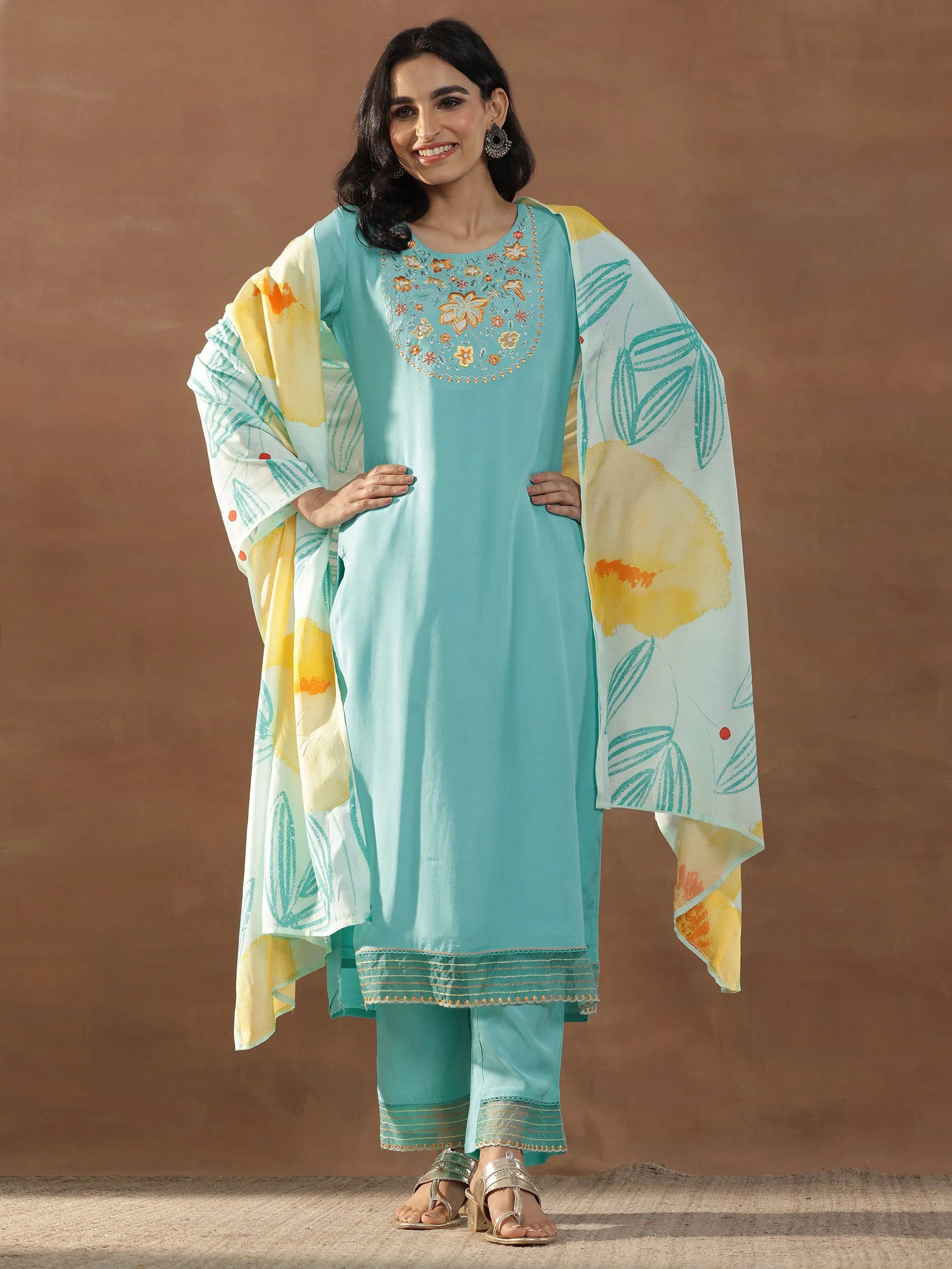 libas Turquoise Blue Yoke Design Muslin Straight Suit With Dupatta-picture-21