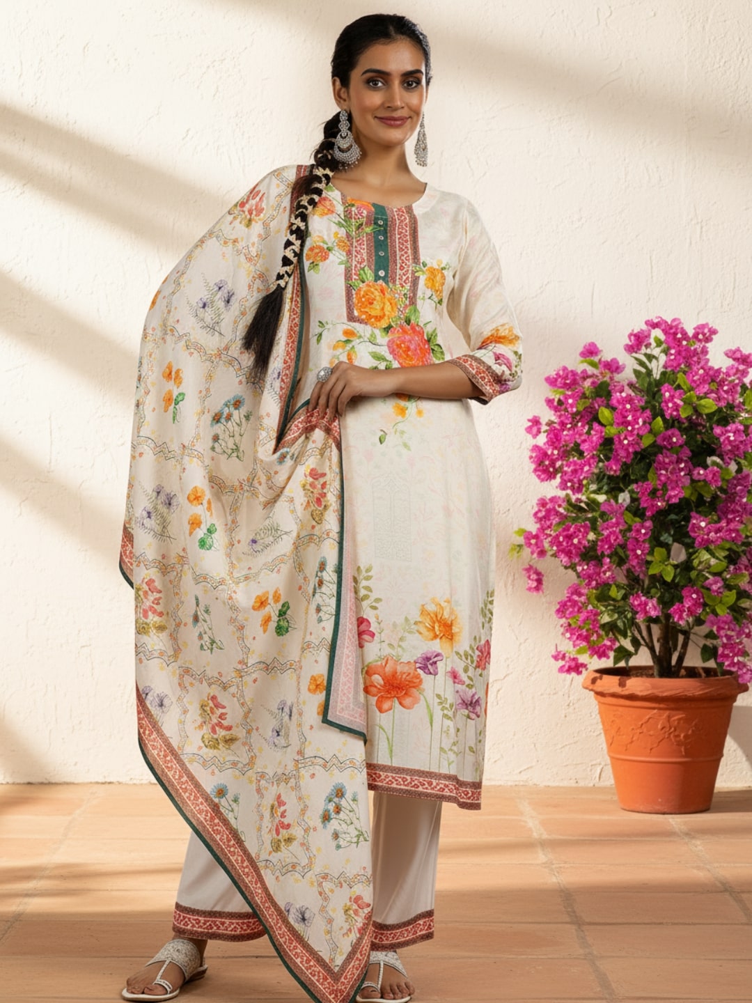 Off White Printed Muslin Straight Suit With Dupatta-image-2