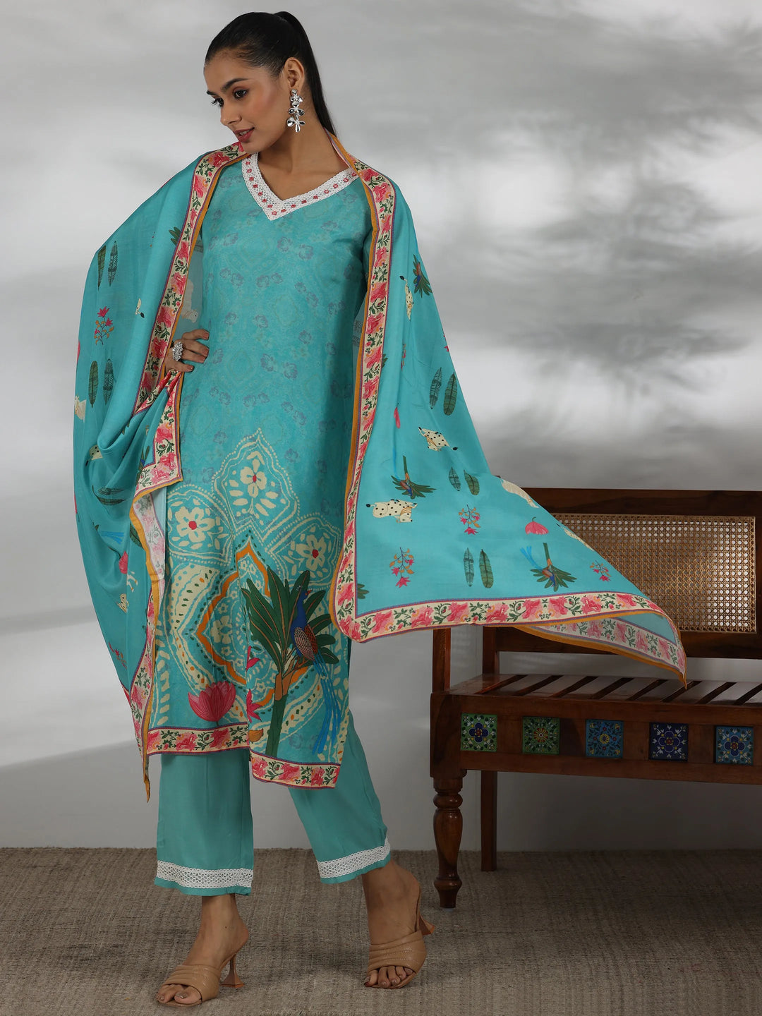Turquoise Printed Muslin Straight Suit With Dupatta