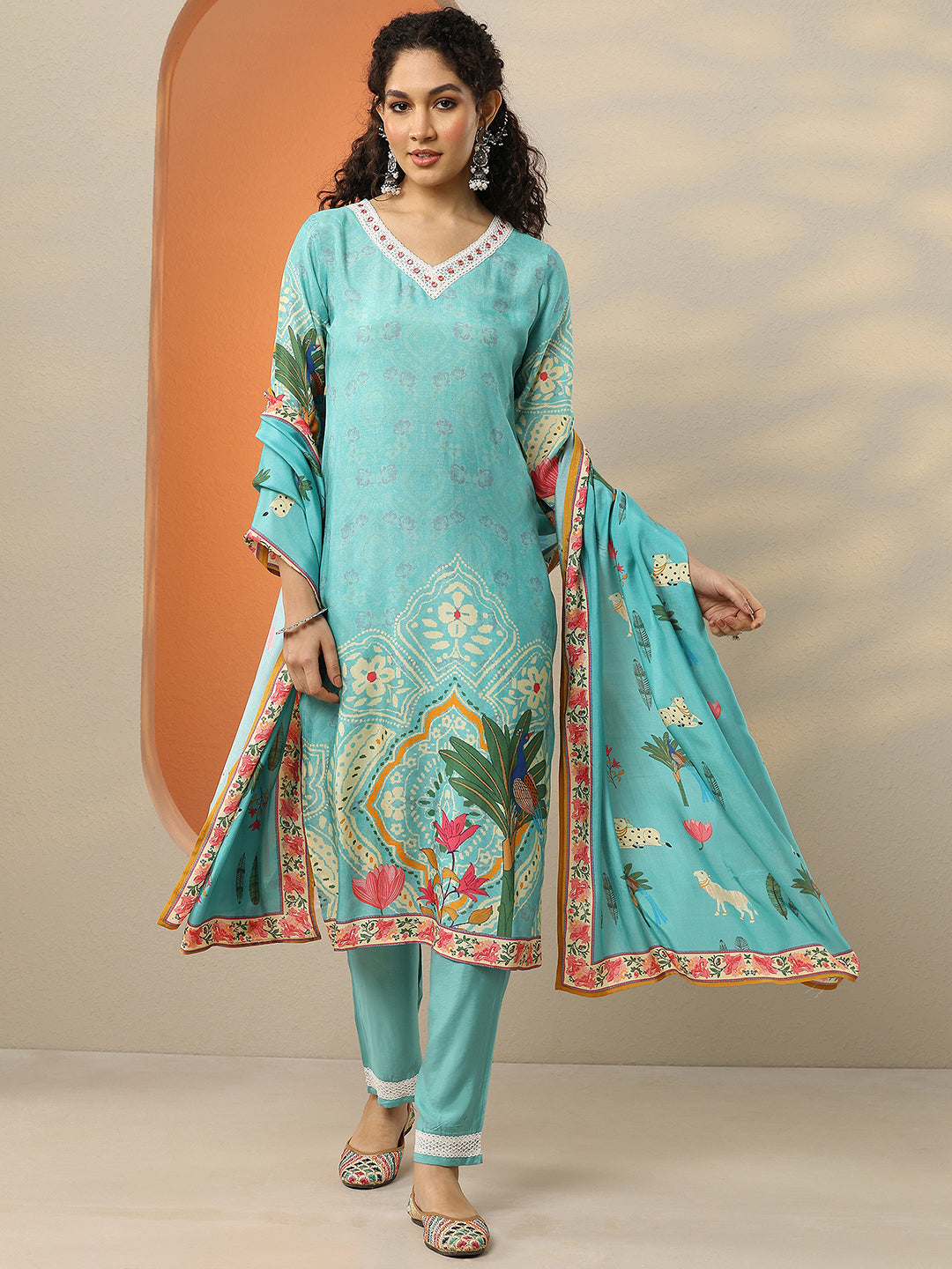 libas Turquoise Printed Muslin Straight Suit With Dupatta-picture-12