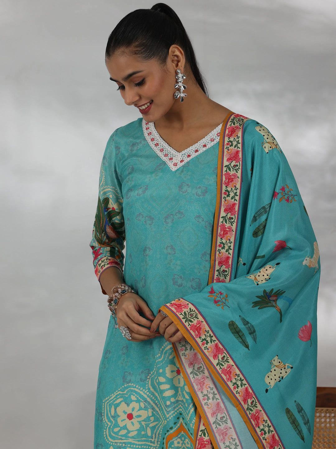  Turquoise Printed Muslin Straight Suit With Dupatta 