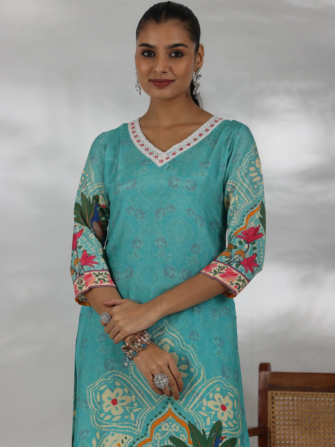  Turquoise Printed Muslin Straight Suit With Dupatta 