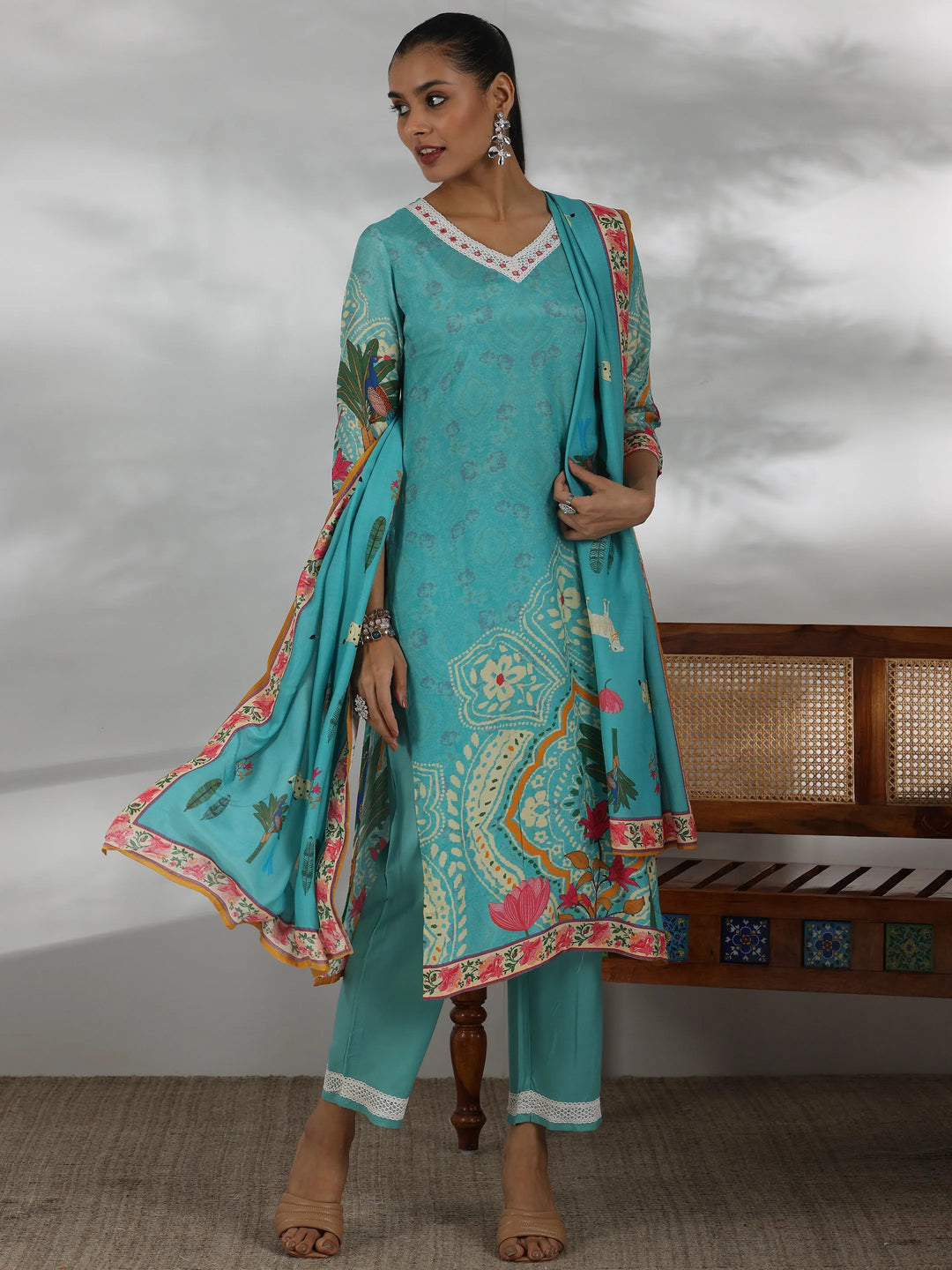  Turquoise Printed Muslin Straight Suit With Dupatta 
