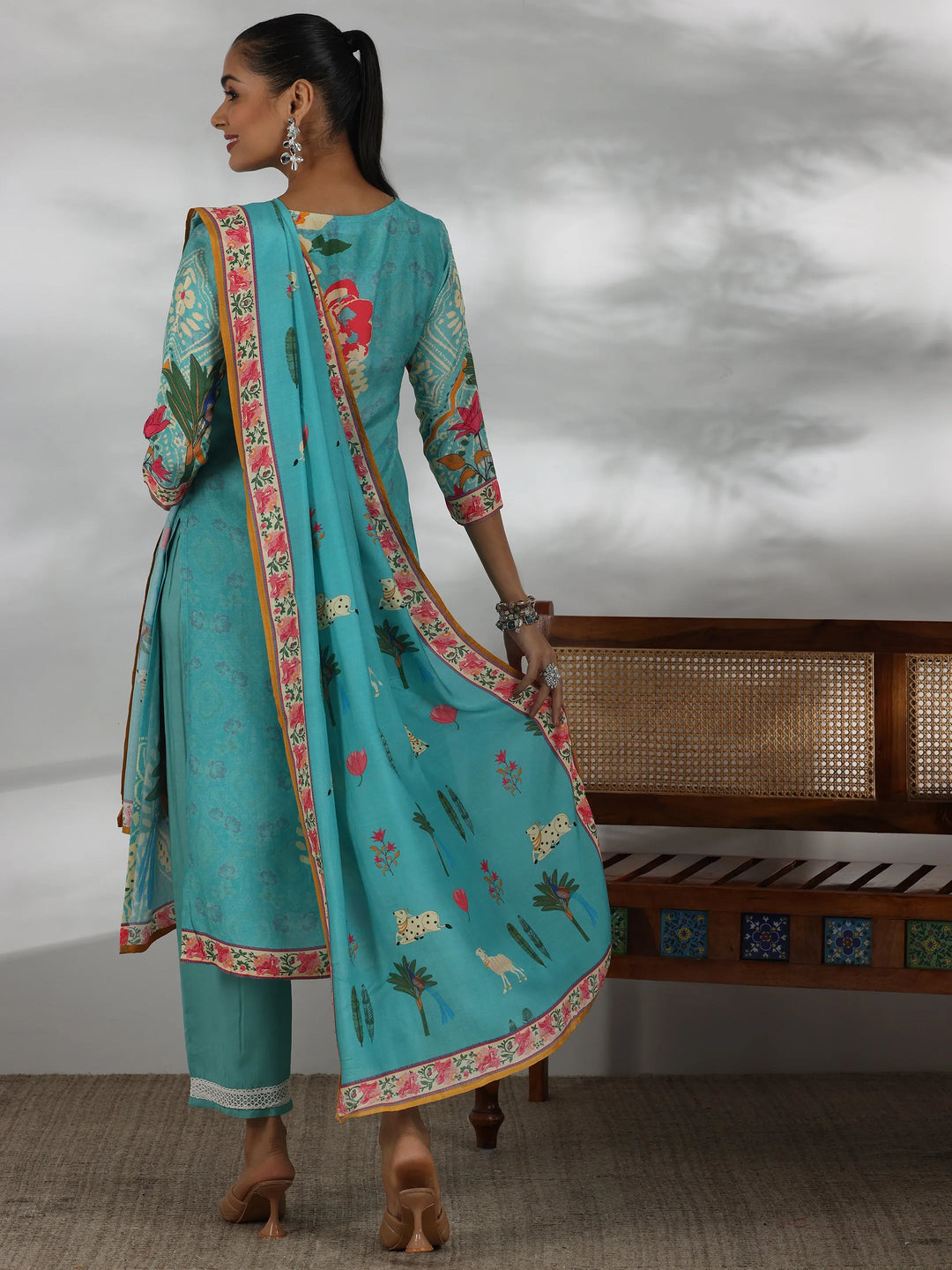  Turquoise Printed Muslin Straight Suit With Dupatta 