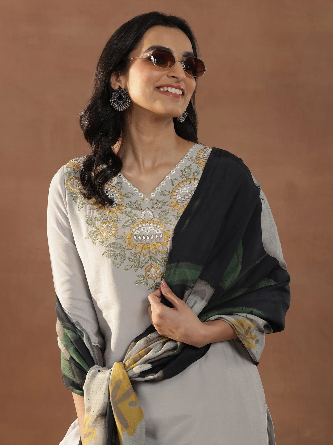 Grey Yoke Design Muslin Straight Suit With Dupatta