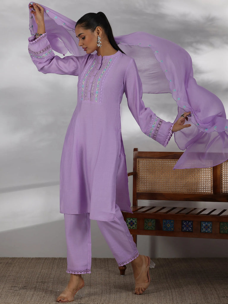 Libas Lavender Yoke Design Silk Blend Straight Suit With Dupatta