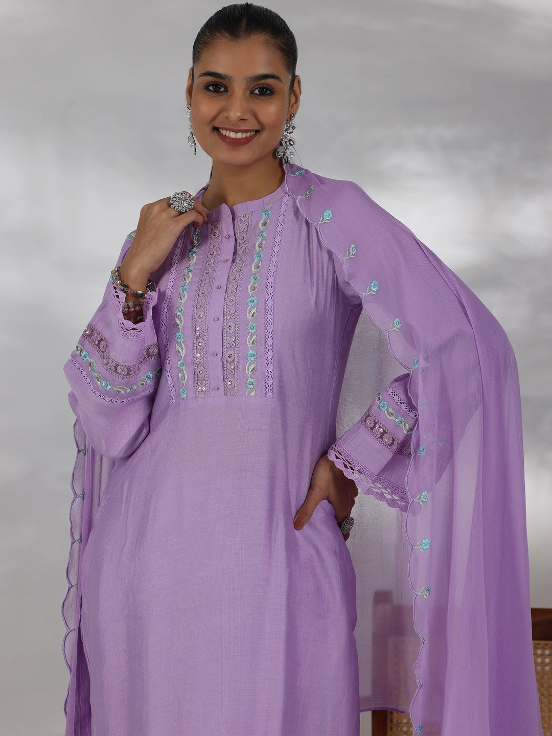  Lavender Yoke Design Silk Blend Straight Suit With Dupatta 