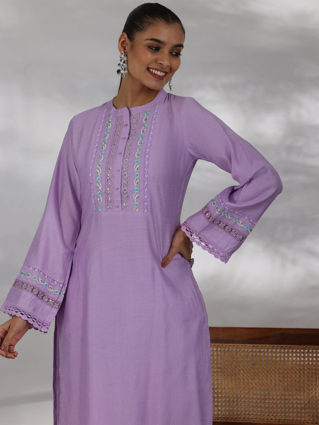  Lavender Yoke Design Silk Blend Straight Suit With Dupatta 
