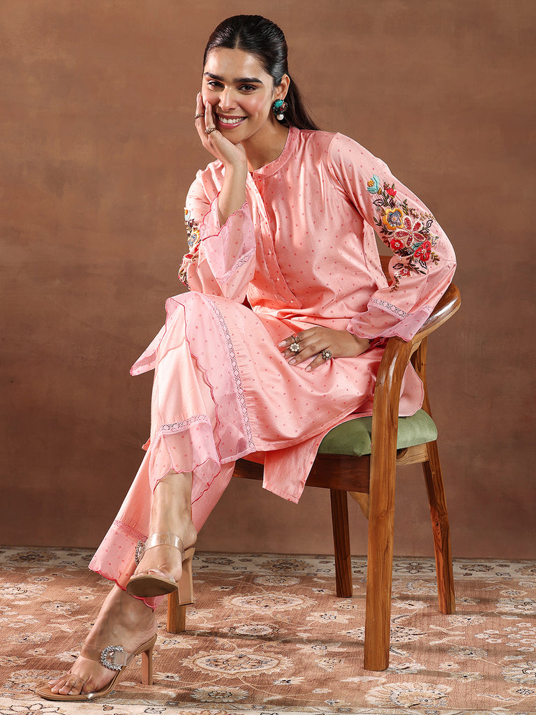 Libas Pink Printed Silk Blend Straight Kurta Set