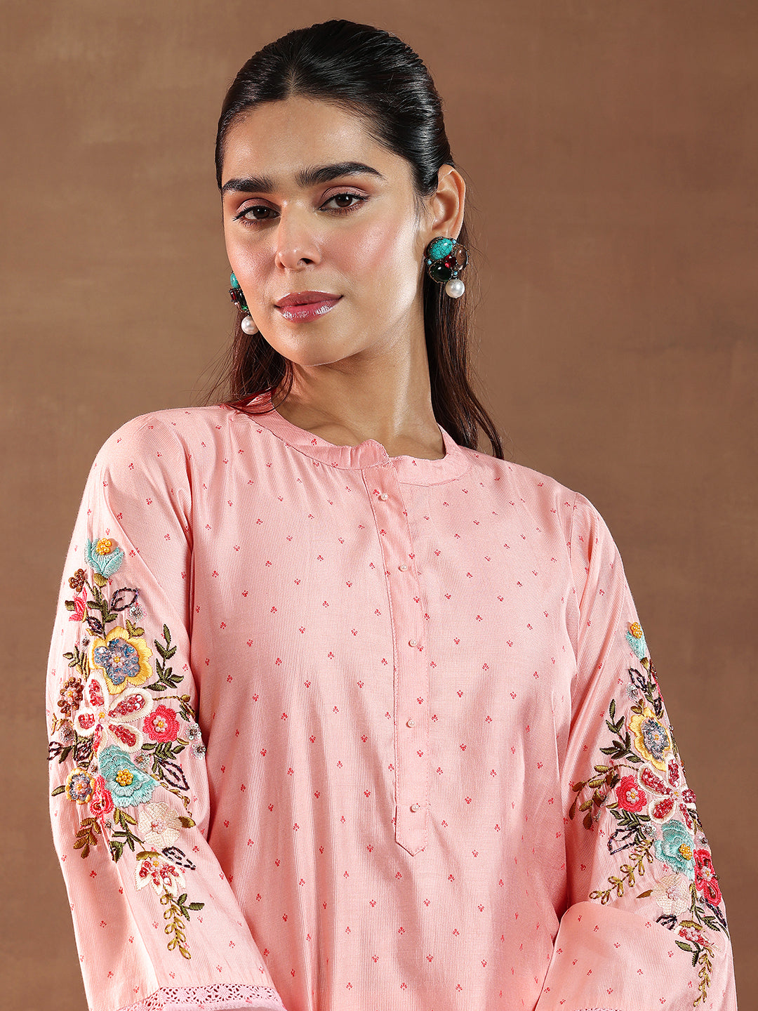  Pink Printed Silk Blend Straight Kurta Set 