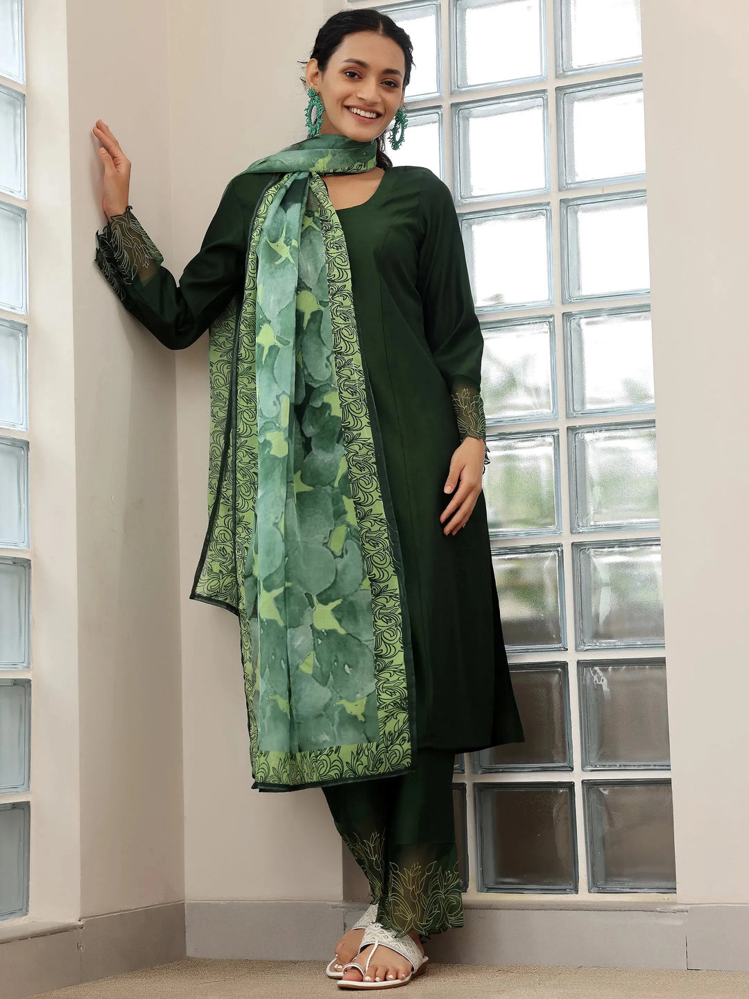  Green Yoke Design Silk Blend Straight Suit With Dupatta 