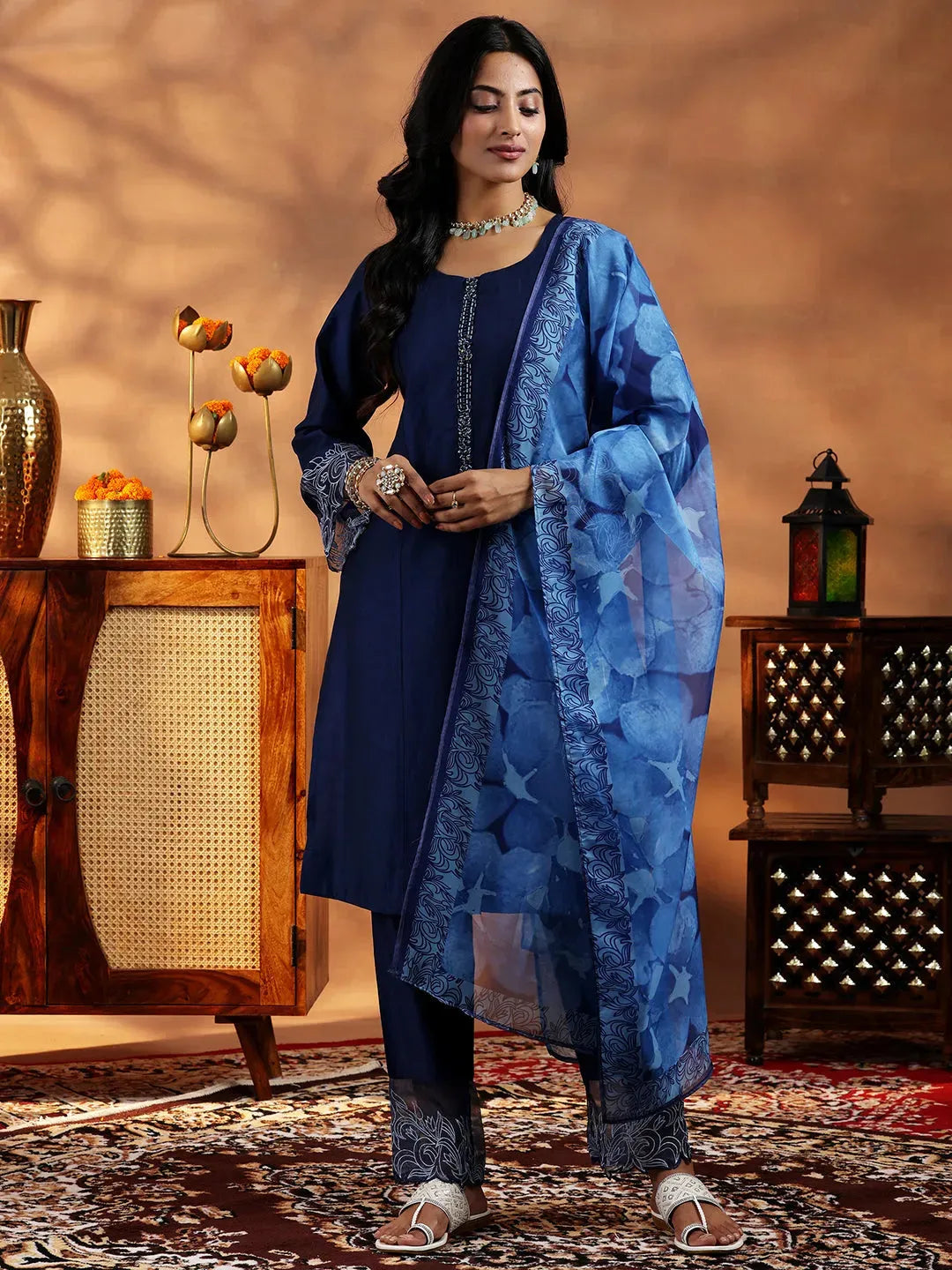  Blue Yoke Design Silk Blend Straight Suit With Dupatta 