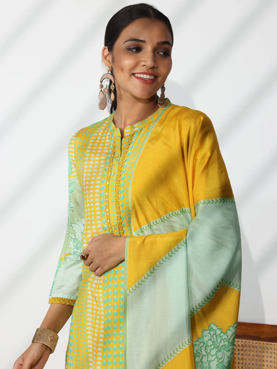  Yellow Printed Cotton Blend Straight Suit With Dupatta 