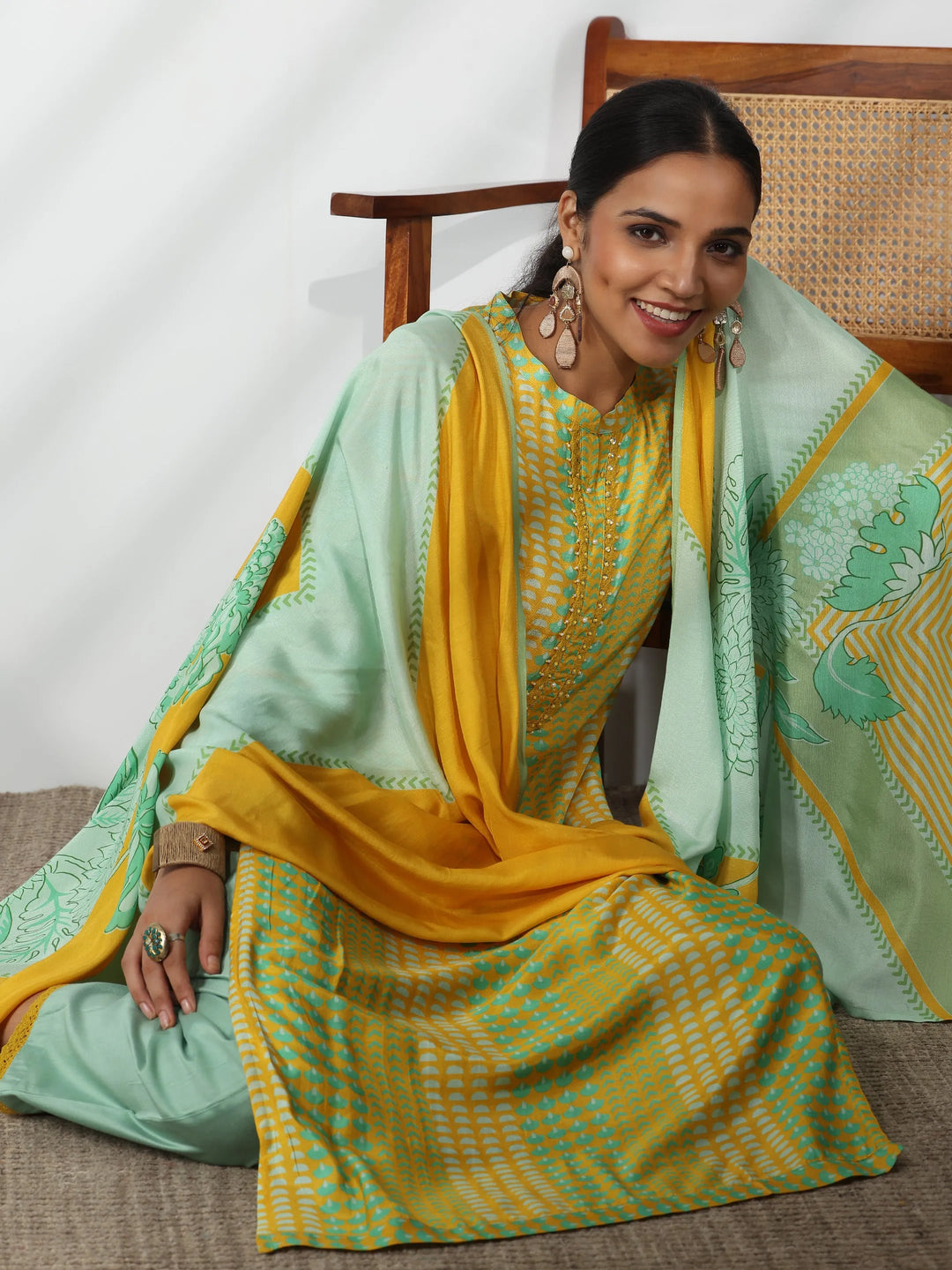  Yellow Printed Cotton Blend Straight Suit With Dupatta 