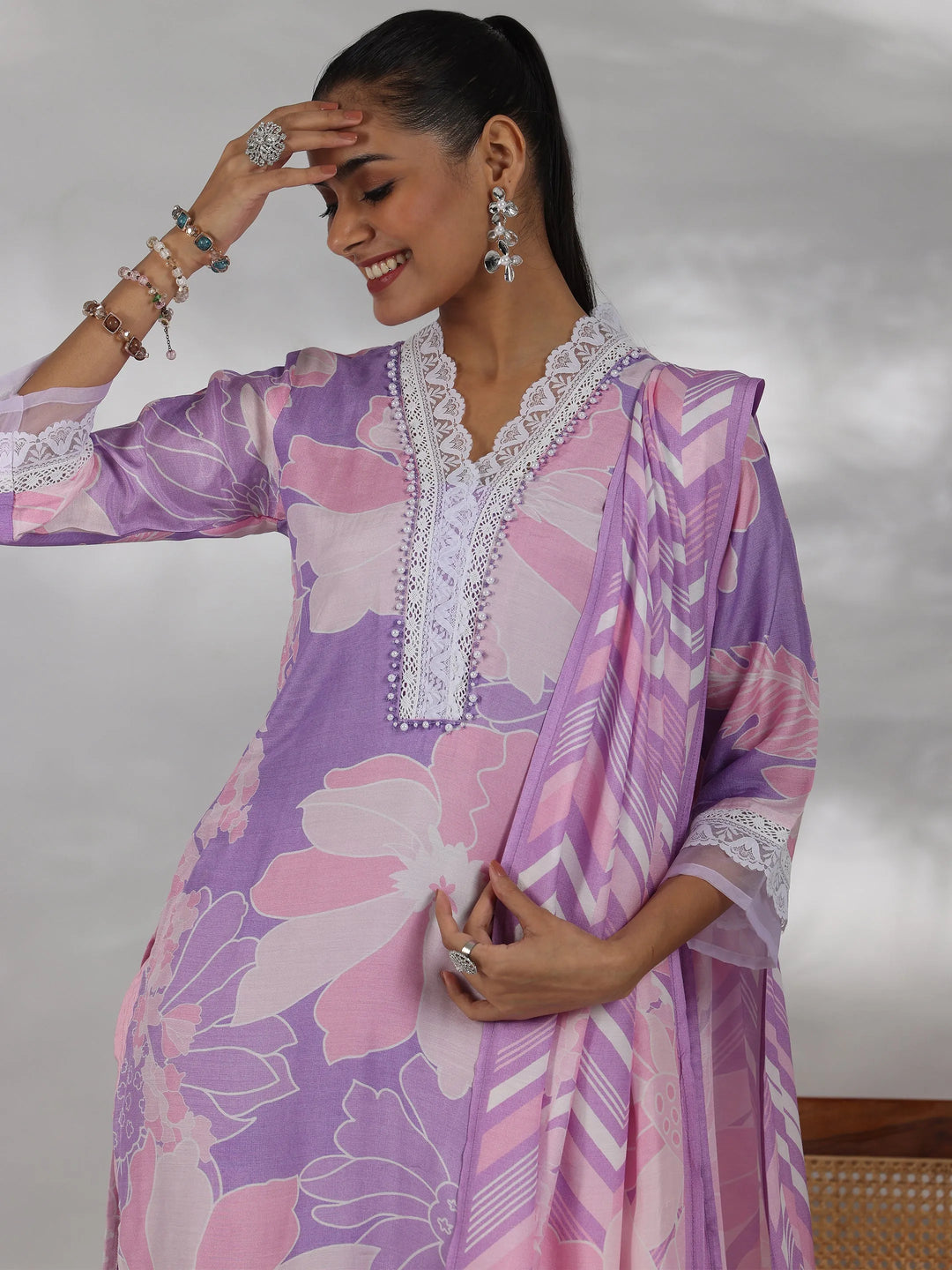  Purple Printed Cotton Blend Straight Suit With Dupatta 
