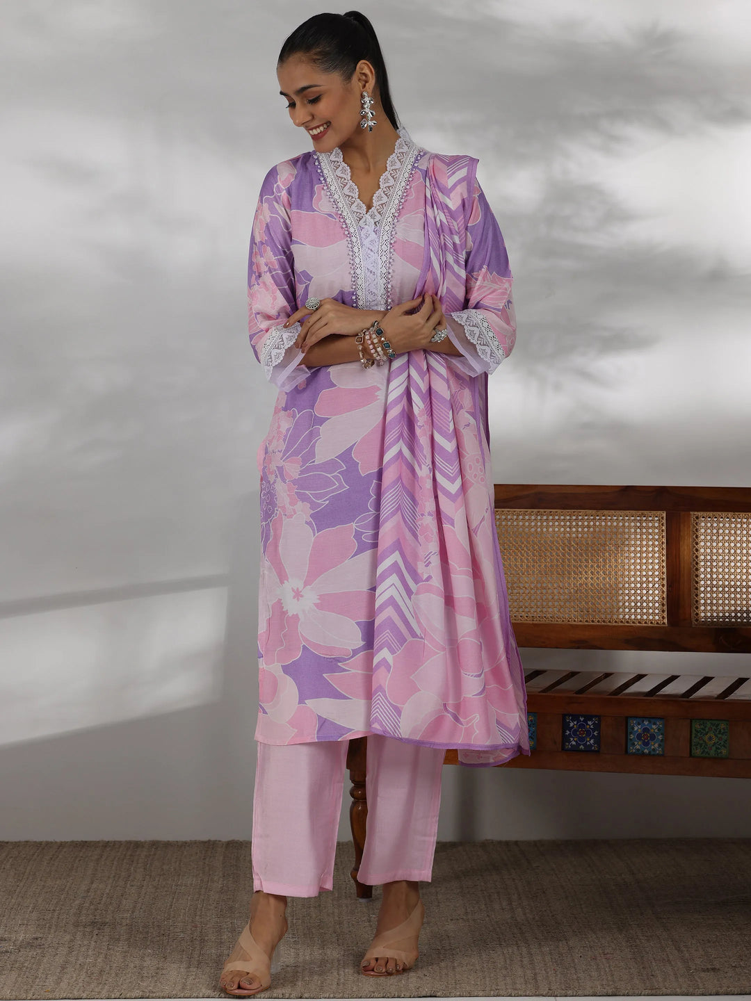  Purple Printed Cotton Blend Straight Suit With Dupatta 