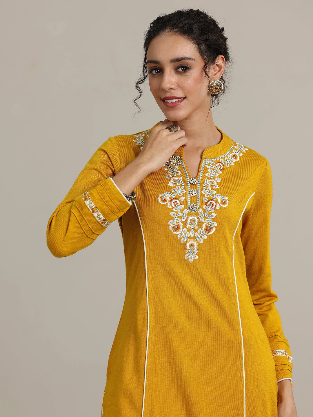  Mustard Yoke Design Wool Blend Straight Suit With Dupatta 