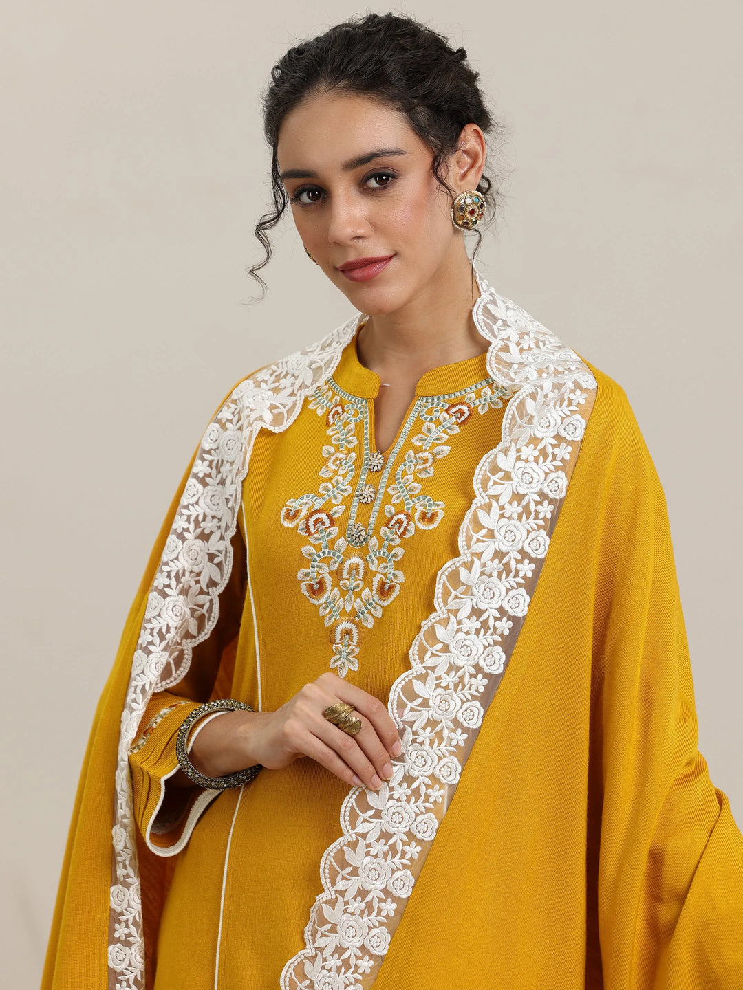 Mustard Yoke Design Wool Blend Straight Suit With Dupatta 