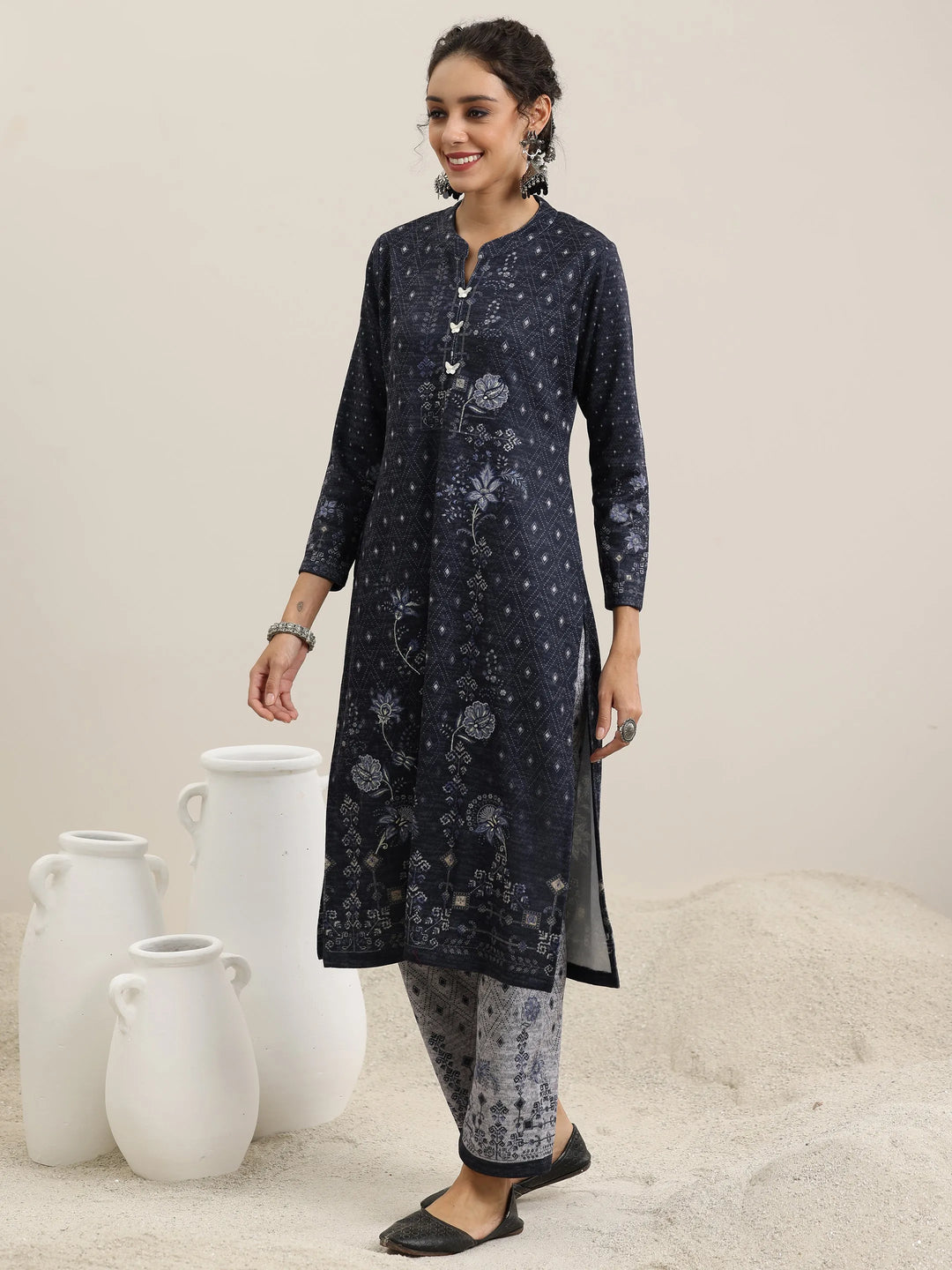  Grey Printed Wool Blend Straight Suit With Dupatta 