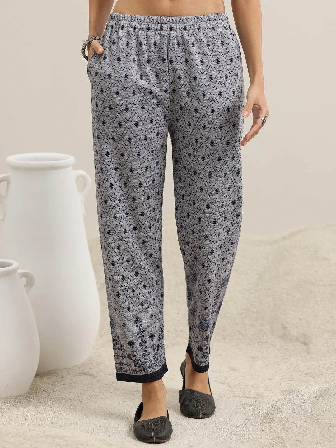  Grey Printed Wool Blend Straight Suit With Dupatta 