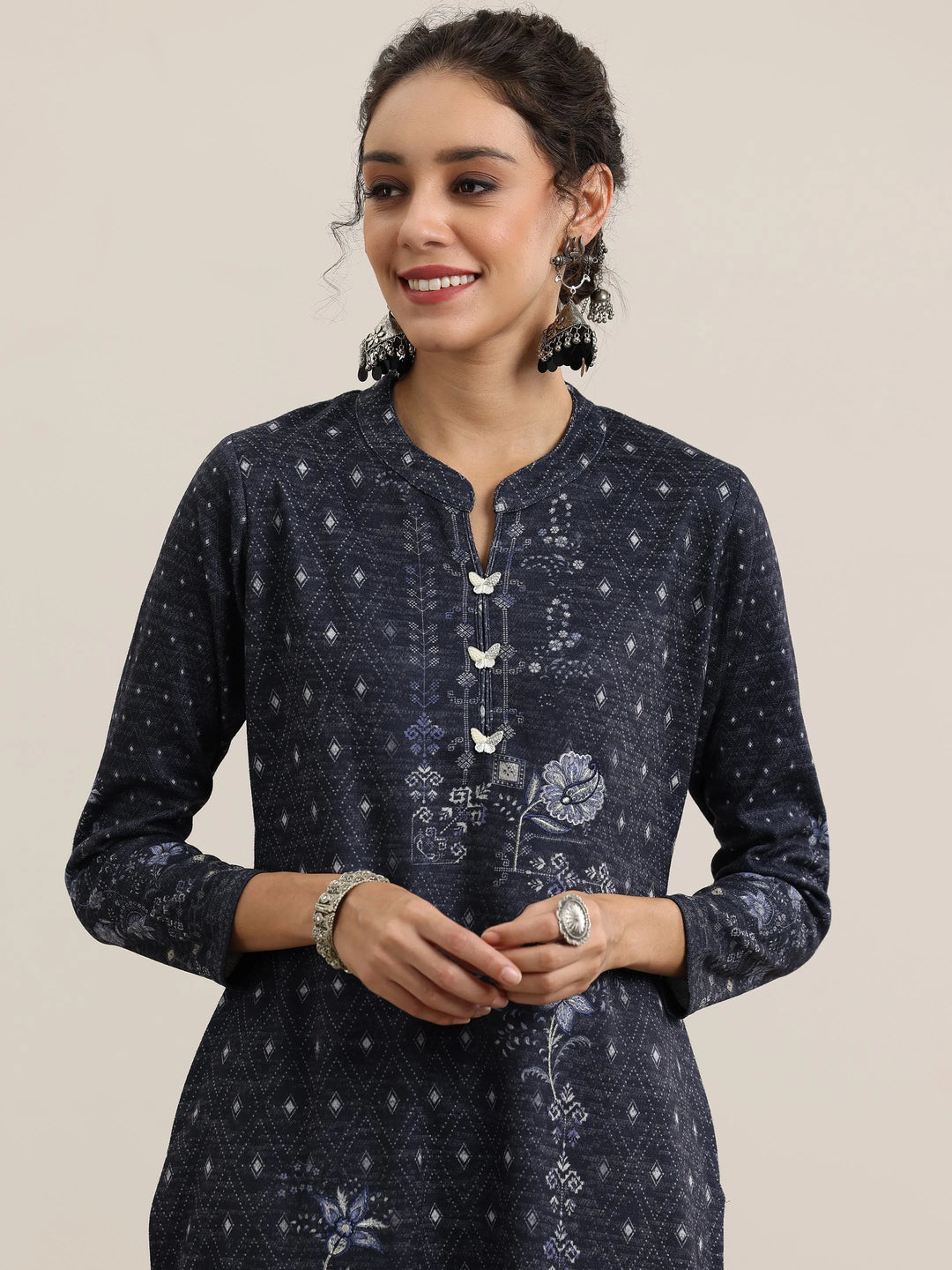  Grey Printed Wool Blend Straight Suit With Dupatta 