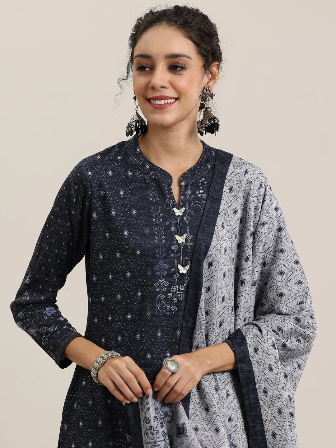  Grey Printed Wool Blend Straight Suit With Dupatta 