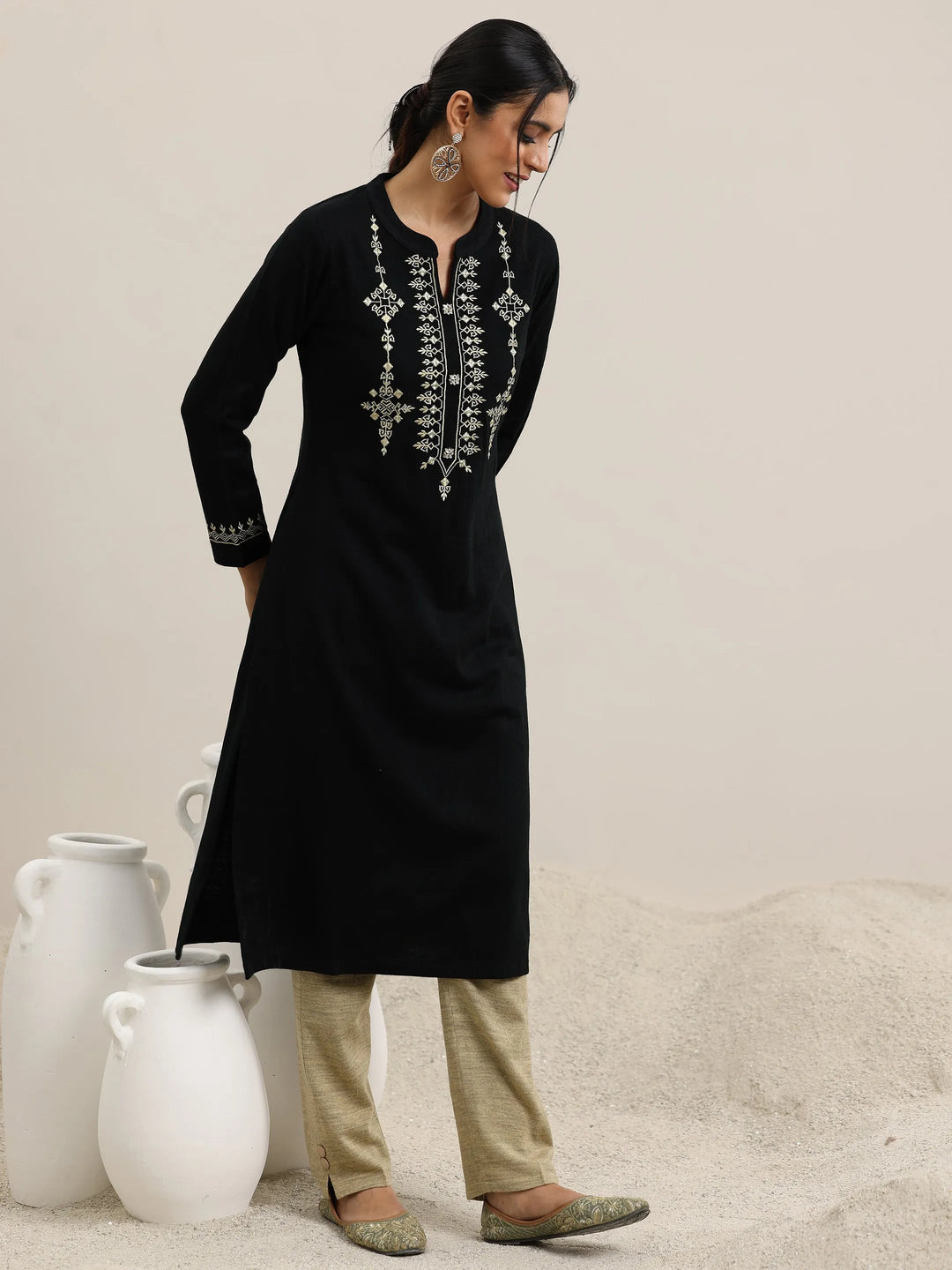  Black Yoke Design Wool Blend Straight Suit With Dupatta 